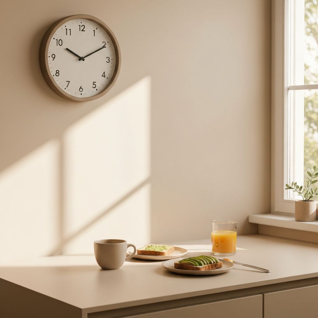 Clock beside a breakfast table setting